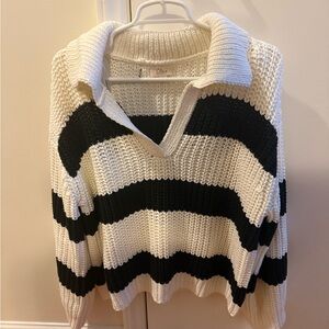 Elan Black and White Striped V-Neck Sweater